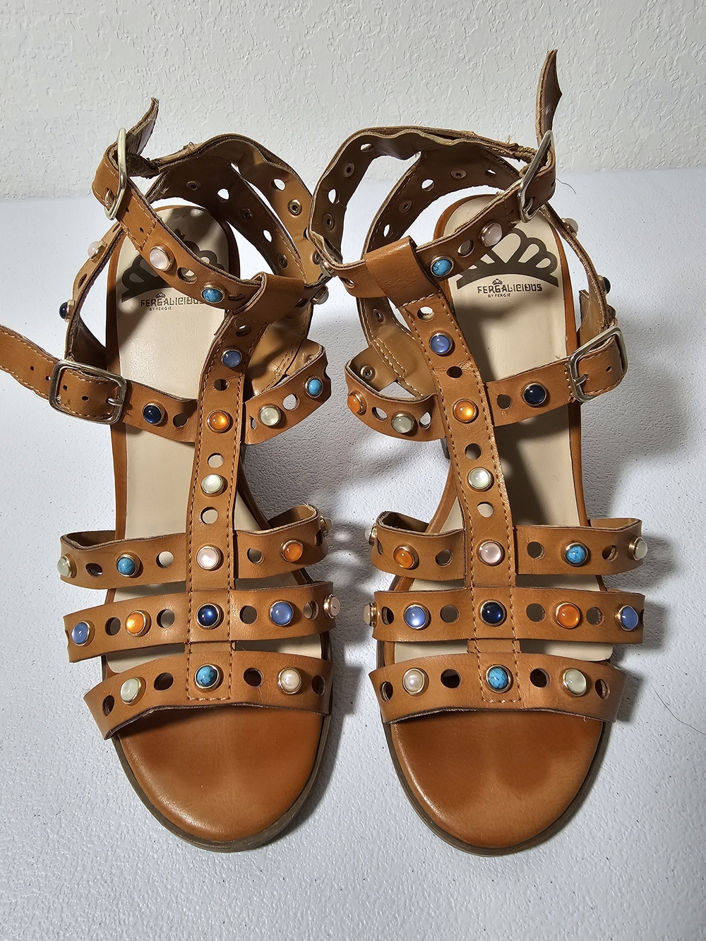 Fergalicious Brown Synthetic Strappy Ankle Strap Studded Sandals Open Toe 6
